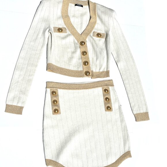 Authentic Balmain Off White Gold Ribbed Knit Cropped Cardigan Mini Skirt Set 38 - Picture 3 of 10